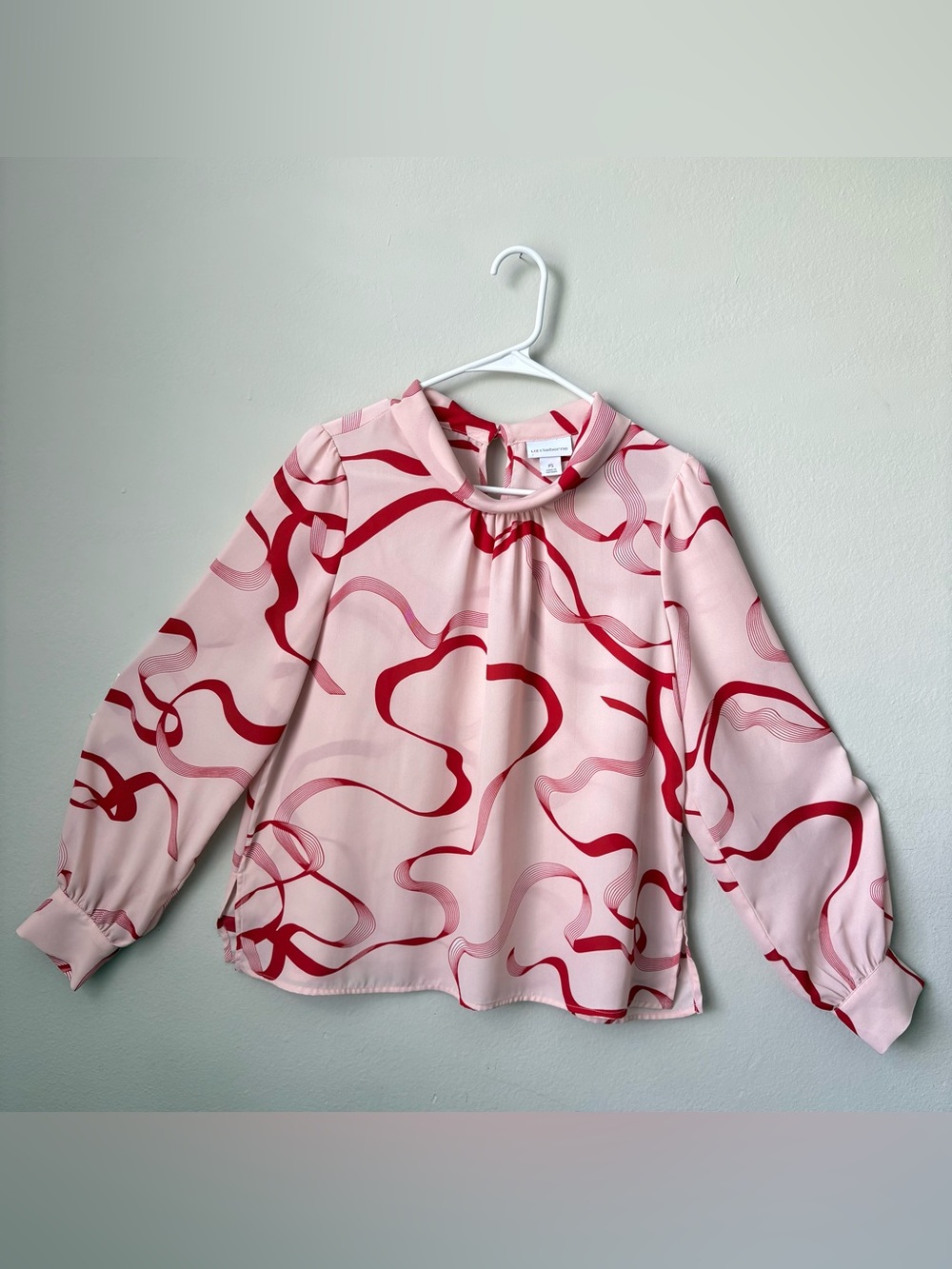 Liz Claiborne Petite Small Pink Red Abstract Mock Neck Blouse PS